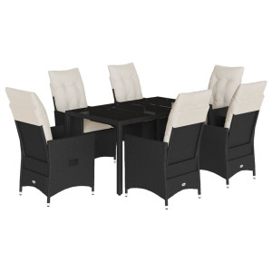 7 pcs conjunto de jantar p/ jardim c/ almofadões vime PE preto H