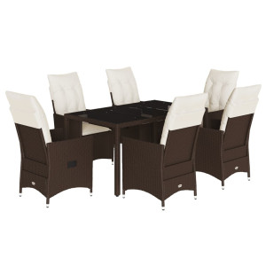 7 pcs conjunto jantar p/ jardim c/ almofadões vime PE castanho H
