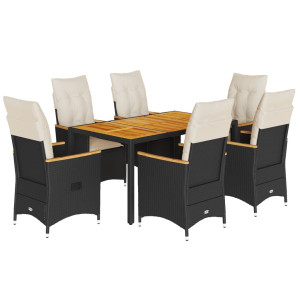 7 pcs conjunto de jantar p/ jardim c/ almofadões vime PE preto H