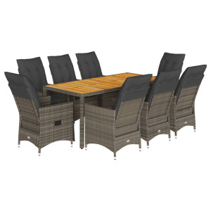 9 pcs conjunto de jantar p/ jardim c/ almofadões vime PE cinza H