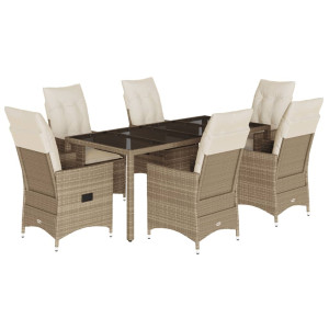 7 pcs conjunto de jantar p/ jardim com almofadões vime PE bege H