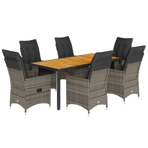 7 pcs conjunto de jantar p/ jardim c/ almofadões vime PE cinza H