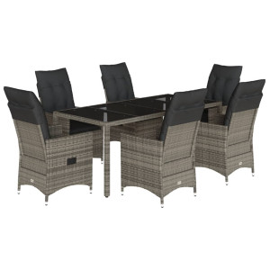7 pcs conjunto de jantar p/ jardim c/ almofadões vime PE cinza H