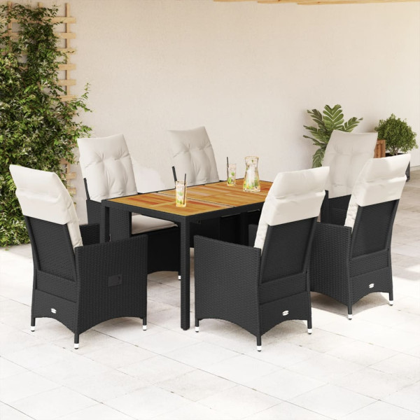 7 pcs conjunto de jantar p/ jardim c/ almofadões vime PE preto D