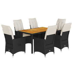 7 pcs conjunto de jantar p/ jardim c/ almofadões vime PE preto H