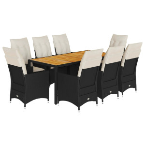 9 pcs conjunto de jantar p/ jardim c/ almofadões vime PE preto H