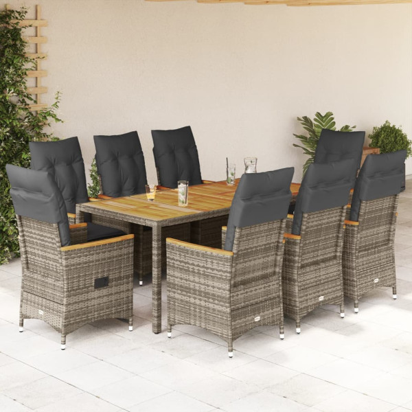 Set comedor jardín 9 pzas y cojines ratán sintético gris D