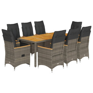 9 pcs conjunto de jantar p/ jardim c/ almofadões vime PE cinza H