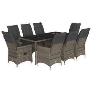 9 pcs conjunto de jantar p/ jardim c/ almofadões vime PE cinza H