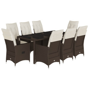 9 pcs conjunto jantar p/ jardim c/ almofadões vime PE castanho H