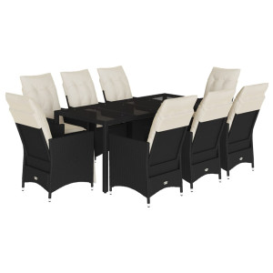 9 pcs conjunto de jantar p/ jardim c/ almofadões vime PE preto H