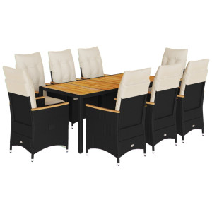 9 pcs conjunto de jantar p/ jardim c/ almofadões vime PE preto H