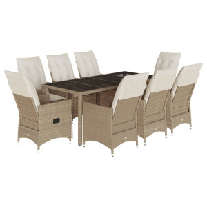 9 pcs conjunto de jantar p/ jardim com almofadões vime PE bege H