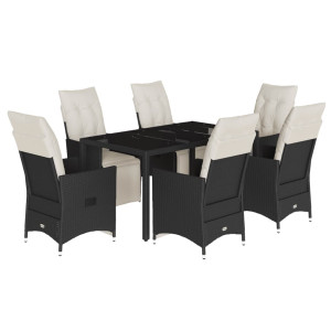 7 pcs conjunto de jantar p/ jardim c/ almofadões vime PE preto H