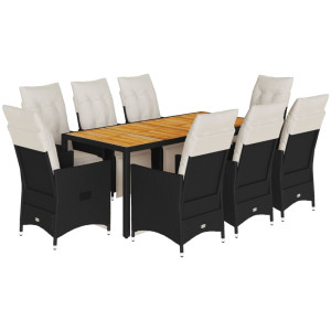 9 pcs conjunto de jantar p/ jardim c/ almofadões vime PE preto H