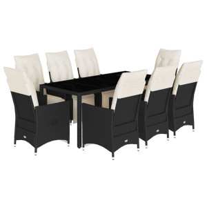9 pcs conjunto de jantar p/ jardim c/ almofadões vime PE preto H