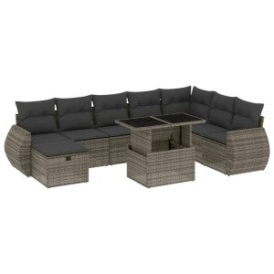 Set de muebles de jardín 9 pzas y cojines ratán sintético gris H