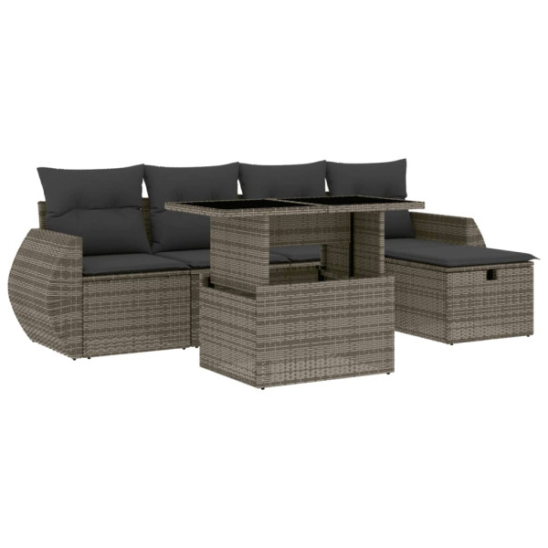 Set de muebles de jardín 6 pzas y cojines ratán sintético gris M 2