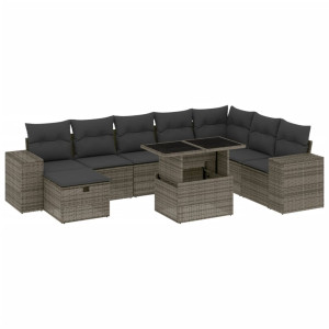 Set de muebles de jardín 9 pzas y cojines ratán sintético gris H