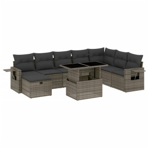 Set de muebles de jardín 9 pzas y cojines ratán sintético gris H