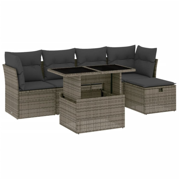 Set de muebles de jardín 6 pzas y cojines ratán sintético gris M 2