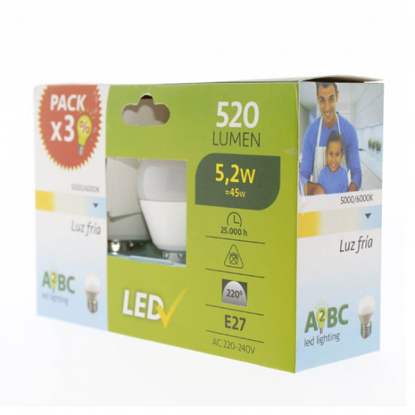Pacote 3 lâmpadas LED E27 esférica 5.2W (luz fria) M 4