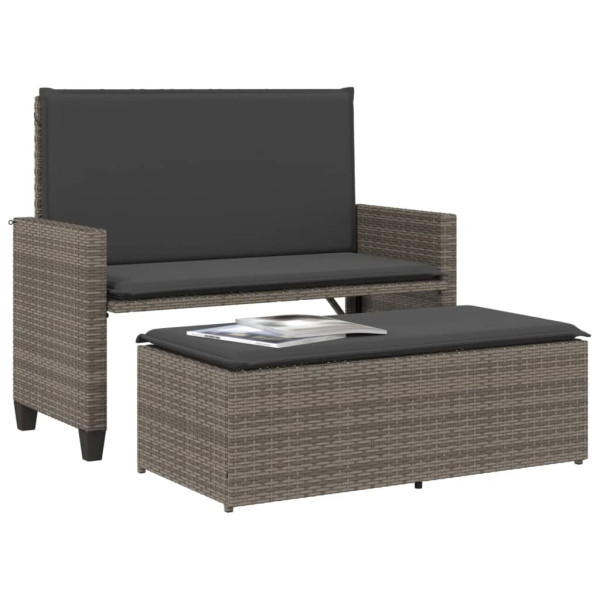Banco de jardín con cojines y reposapiés ratán sintético gris M 4