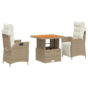 3 pcs conjunto de jantar p/ jardim com almofadões vime PE bege H