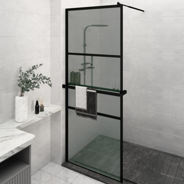 Mampara ducha con estante vidrio ESG y aluminio negro 80x195 cm D
