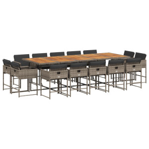 15 pcs conjunto jantar p/ jardim c/ almofadões vime PE cinzento H