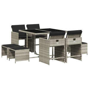 Set comedor de jardín 9 pzas cojines ratán sintético gris claro H