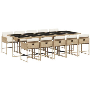 Set comedor de jardín 11 pzas con cojines ratán sintético beige H