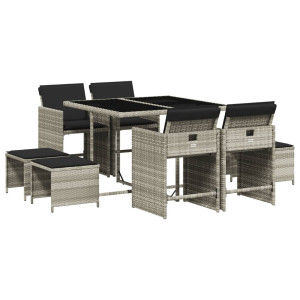 Set comedor de jardín 9 pzas cojines ratán sintético gris claro H