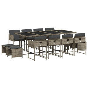 Set comedor de jardín con cojines 13 pzas ratán sintético gris H