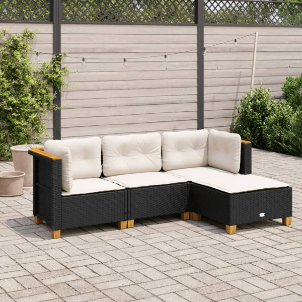 4 pcs conjunto de sofás para jardim c/ almofadões vime PE preto D