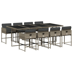 9 pcs conjunto de jantar p/ jardim c/ almofadões vime PE cinza H
