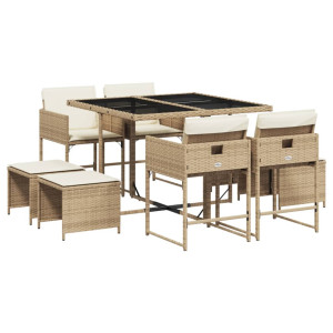 9 pcs conjunto de jantar p/ jardim com almofadões vime PE bege H