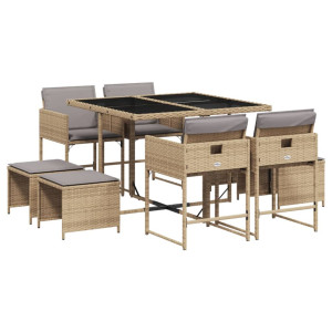 Set comedor de jardín 9 pzas con cojines ratán sintético beige H