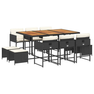 11 pcs conjunto de jantar p/ jardim c/ almofadões vime PE preto H
