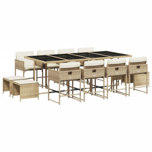 13 pcs conjunto de jantar p/ jardim com almofadões vime PE bege H