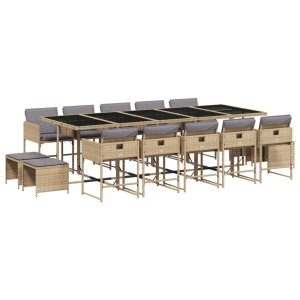 Set comedor de jardín con cojines 15 pzas ratán sintético beige H