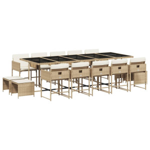 15 pcs conjunto de jantar p/ jardim com almofadões vime PE bege H