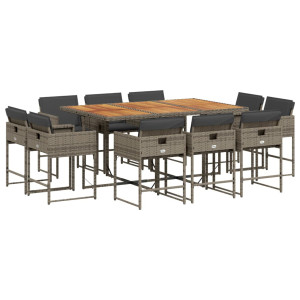 11 pcs conjunto jantar p/ jardim c/ almofadões vime PE cinzento H