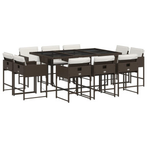 11 pcs conjunto jantar p/ jardim c/ almofadões vime PE castanho H