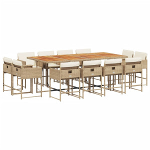 13 pcs conjunto de jantar p/ jardim com almofadões vime PE bege H