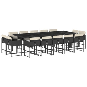 15 pcs conjunto de jantar p/jardim com almofadões vime PE preto H