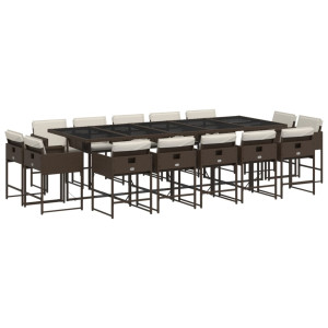 15 pcs conjunto jantar p/ jardim c/ almofadões vime PE castanho H