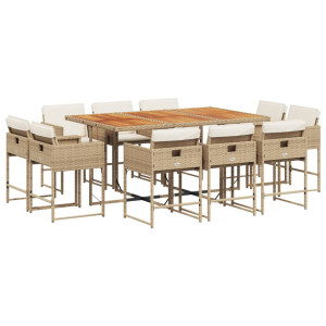 11 pcs conjunto de jantar p/ jardim com almofadões vime PE bege H