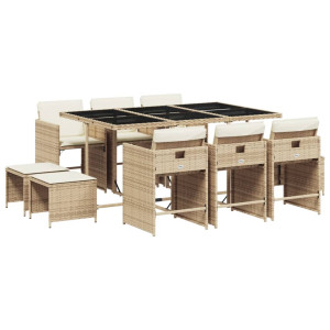 11 pcs conjunto de jantar p/ jardim com almofadões vime PE bege H