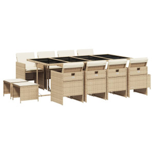 13 pcs conjunto de jantar p/ jardim com almofadões vime PE bege H